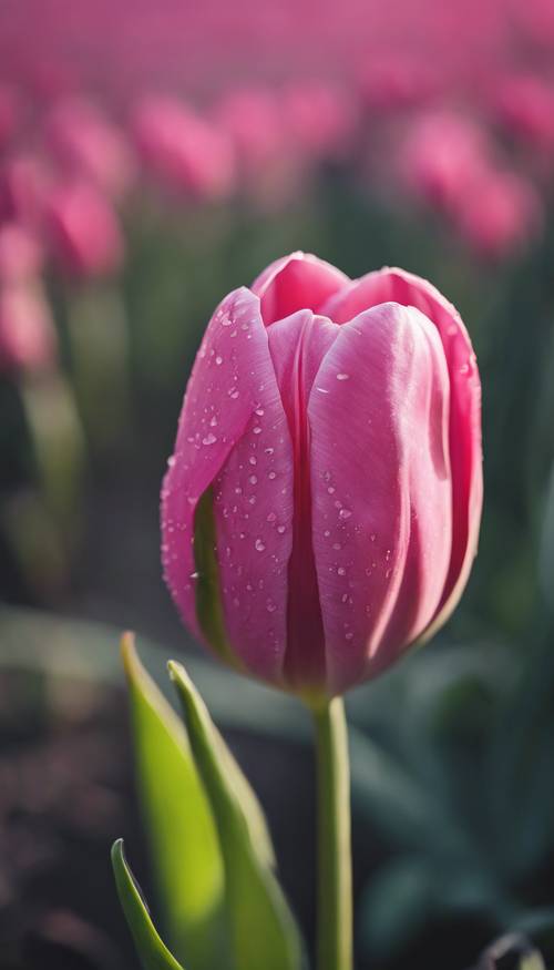 Tulip merah muda neon yang tertutup rapat akan mekar di embun pagi.