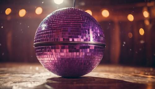 A vintage lilac colored glittering disco ball spinning in an old dance hall.