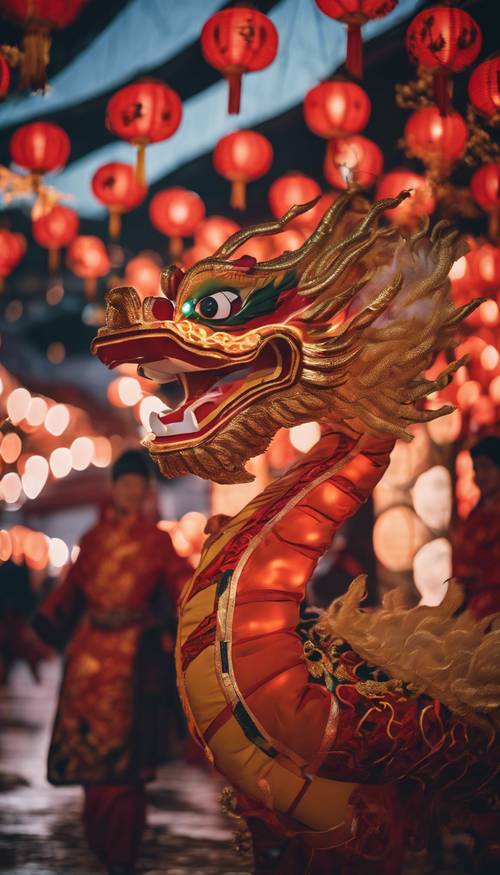 A dimly lit scene depicting a Chinese dragon dancing in the Lantern Festival.