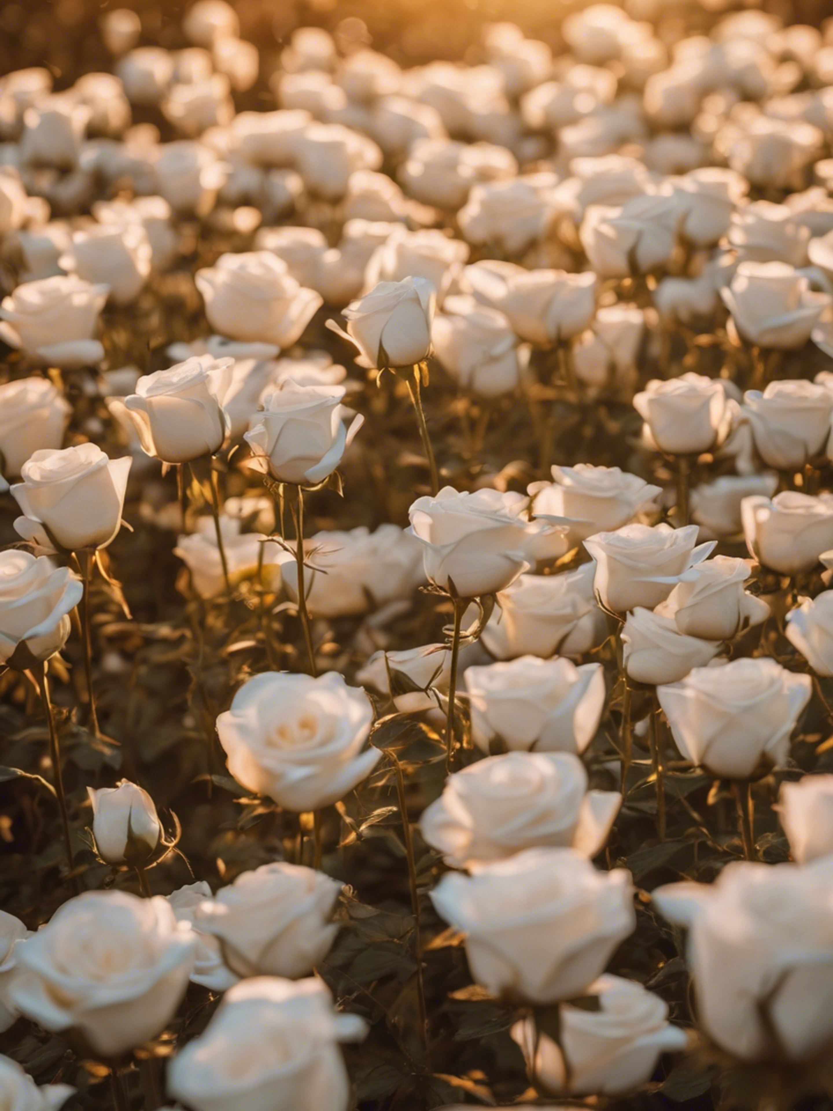 A field aglow with countless white roses bathed in golden sunset light.壁紙[792b3d5e9ba948139ba1]