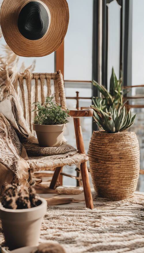 Minimalist boho balcony with potted plants, straw hats, and an outdoor rug