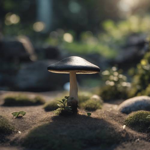 A solitary black mushroom growing in a tranquil Zen garden.