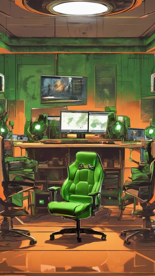 Игровая комната с зеленым освещением, оранжевыми и зелеными игровыми стульями и двумя мониторами.