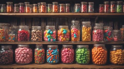 Des barils remplis de bonbons assortis colorés dans un magasin général à l&#39;ancienne.