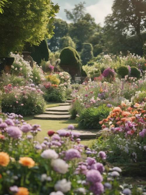 Ein englischer Garten in voller Blüte, die Blumen so angeordnet, dass sie ein motivierendes Zitat bilden.