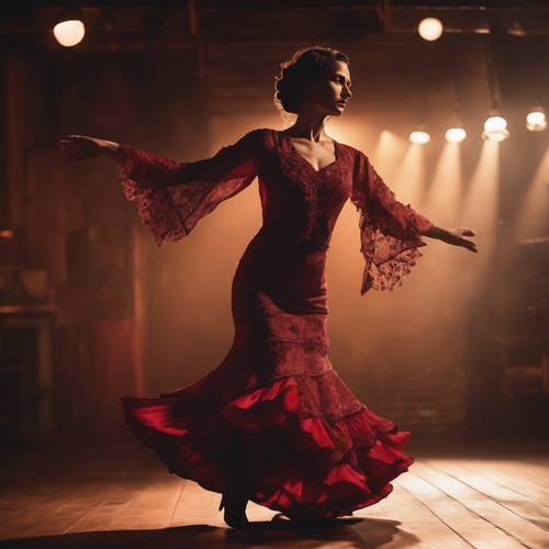 Mulher elegantemente vestida, dançando flamenco apaixonadamente em um palco de madeira sob luzes fracas e quentes