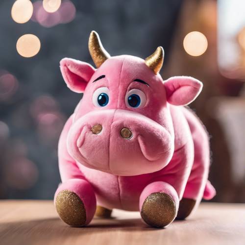 반짝이는 눈을 가진 핑크색 소의 정교한 플러시 장난감 디자인입니다.