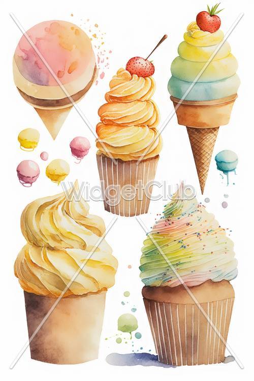 Delícias coloridas de sorvete e cupcake
