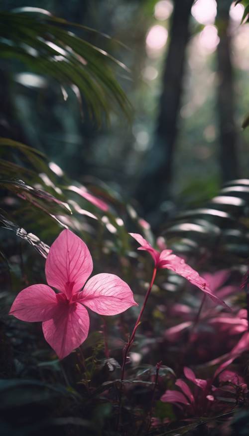 Une plante mystique aux pétales roses brillants dans une jungle dense