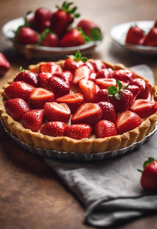 An attractive strawberry tart with a golden crust, creamy filling and shiny glazed strawberries on top.