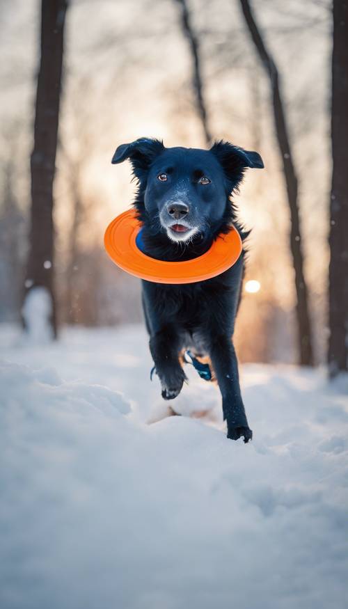 A blue dog playing fetch in a snowy field with a vibrant orange frisbee.