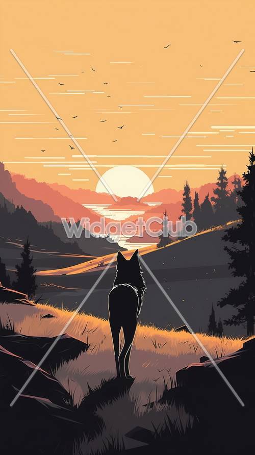 Sunset and Wolf Alone in Nature