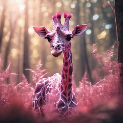 Una giraffa rosa fantasy con ali di fata in piedi ai margini di una foresta magica.