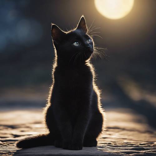 Un chaton noir en alerte, rétro-éclairé par le clair de lune créant une belle silhouette.