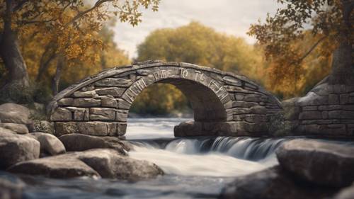 Eine Steinbrücke wölbt sich über einen ruhig fließenden Fluss, in den Stein sind die Worte „Ich bin die Brücke zum ewigen Leben“ gemeißelt.