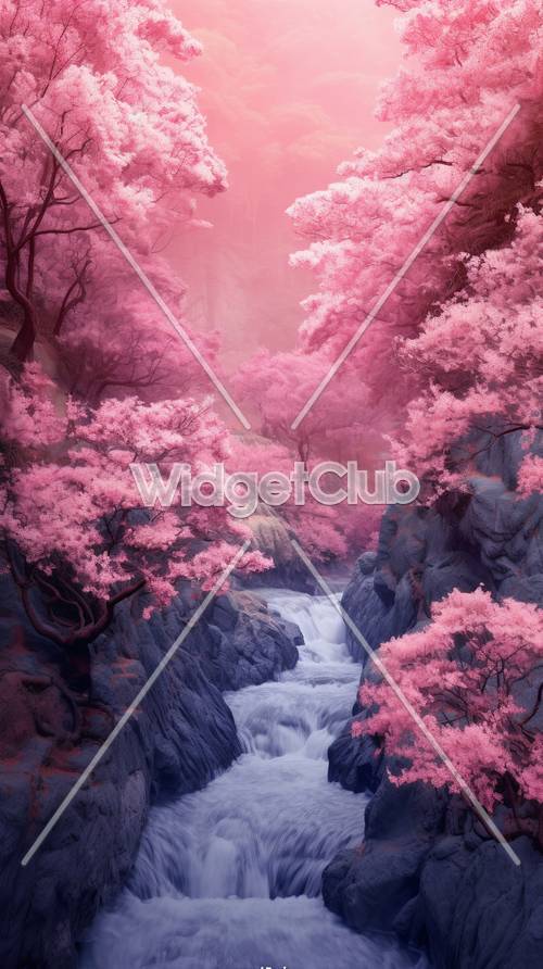 Flores de cerejeira rosa sobre um riacho na montanha