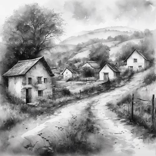 Uma encantadora pintura em aquarela em preto e branco que captura a tranquilidade de uma pacata vila rural.