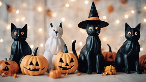 復古萬聖節裝飾品，包括組織幽靈、雕刻加州南瓜和手工製作的黑貓。