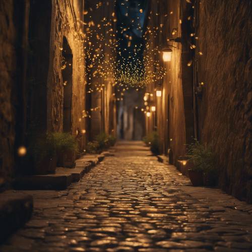 Calle tranquila en una ciudad antigua iluminada por cientos de luciérnagas parpadeantes.