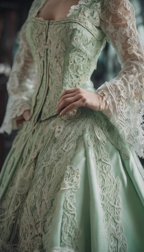 An ornate Victorian era pastel green dress with intricate laces.