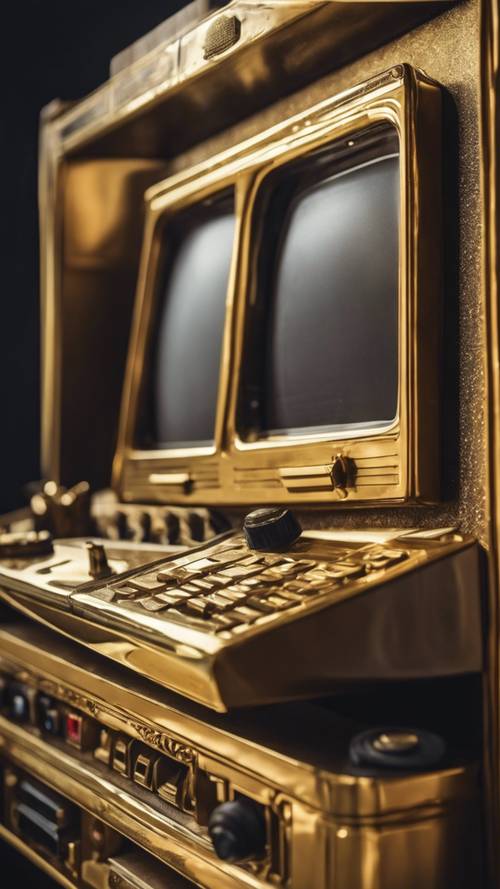 وحدة تحكم ألعاب قديمة مطلية بالذهب، معروضة في متحف للألعاب.
