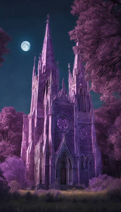 Una cattedrale gotica viola in una foresta al crepuscolo, illuminata dalla luna piena.