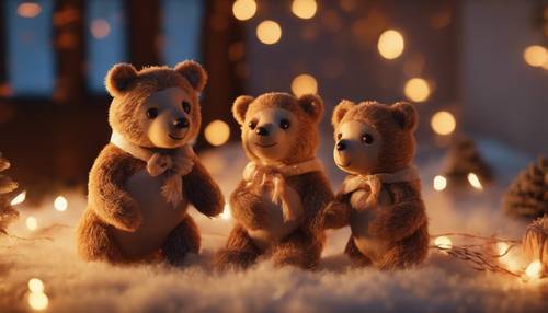 A happy family of bears, finishing their festive decorations in the warm glow of their den.