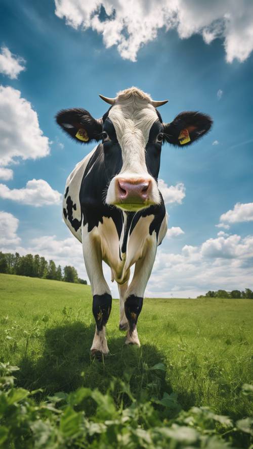 A young Holstein cow roaming freely in a lush green pasture, blue sky overhead.