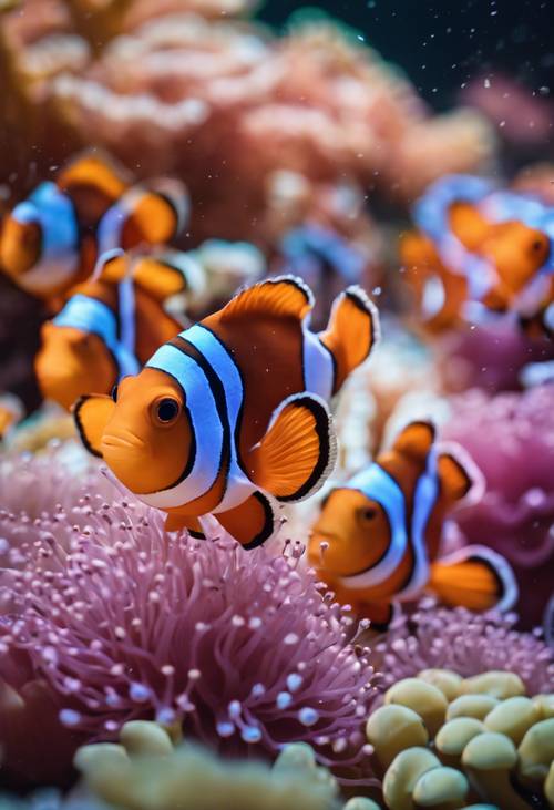 Renkli anemonların arasında şakacı bir şekilde hareket eden küçük bir palyaço balığı sürüsünün yürek ısıtan bir sahnesi.