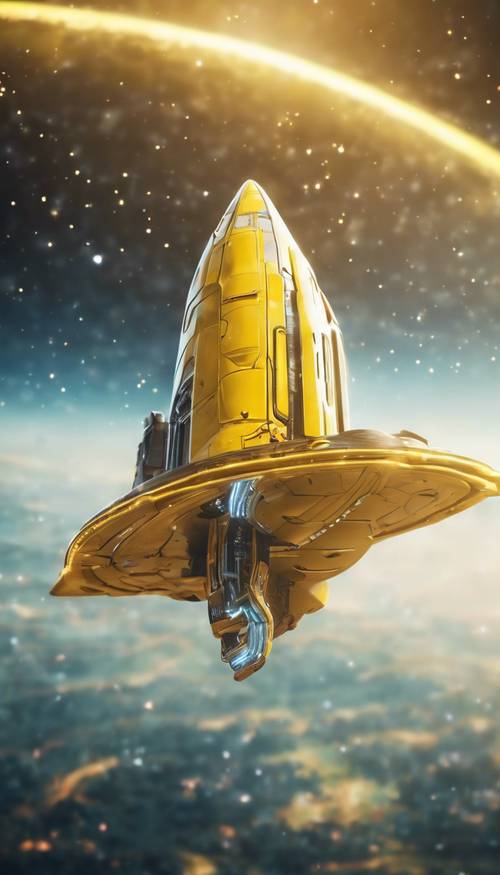 Sınırsız evrende süzülen sarı bir uzay gemisi.