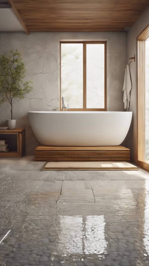 Kamar mandi minimalis bergaya Zen dengan bathtub porselen berdiri bebas, lantai kerikil, dan aksen bambu.
