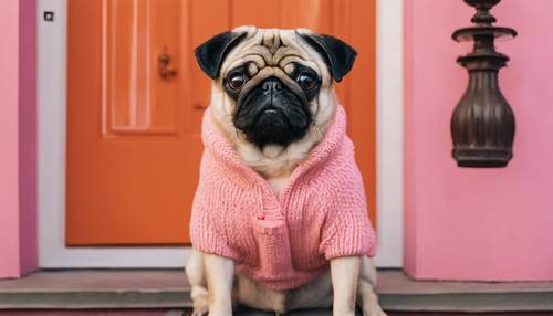 A pug wearing a pink preppy dog sweater, sitting in front of a bright orange door.