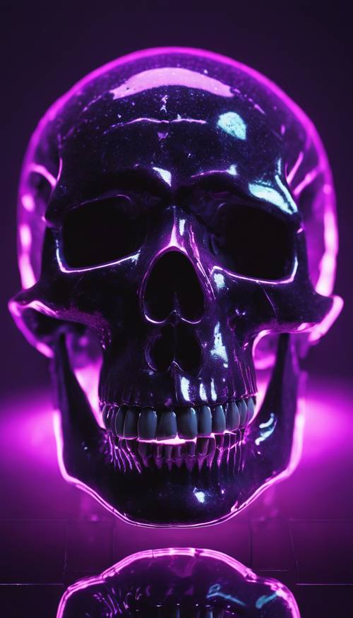 Karanlık bir odada parlak neon mor bir kafatası