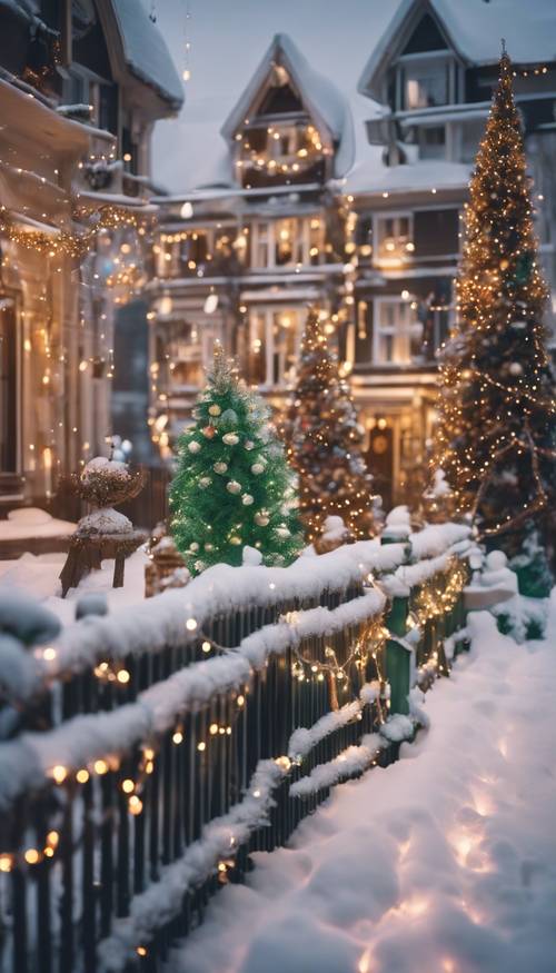 A snowy town glowing softly with Christmas lights, the houses decorated with green garlands and shining baubles. ផ្ទាំង​រូបភាព [ecd9d0d813dd4c65a5b1]