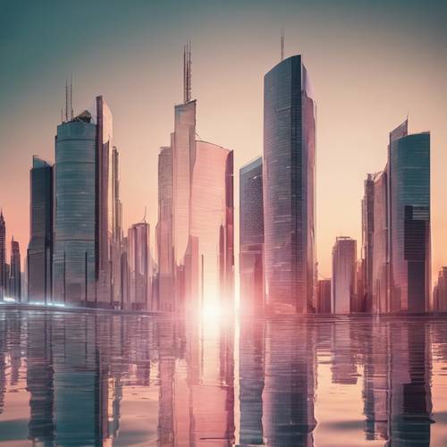 Un paesaggio urbano moderno con grattacieli di vetro pastello che riflettono il sole al tramonto.