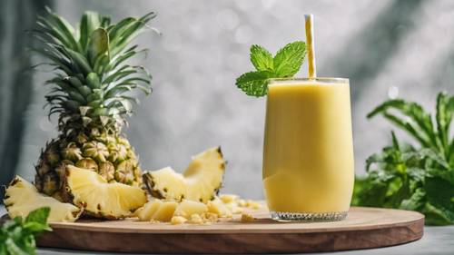 A yellow pineapple smoothie with a garnish of mint.