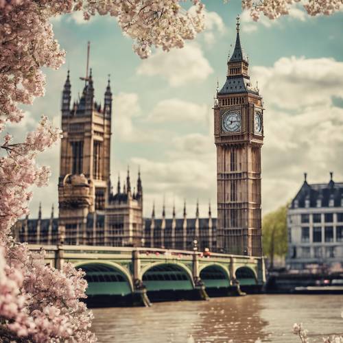 Một tấm bưu thiếp cổ điển có hình ảnh Big Ben vào mùa xuân.