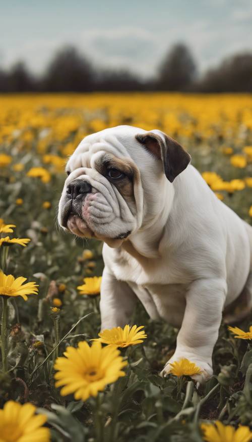잉글리시 불독 강아지가 꽃밭에서 노란 데이지의 냄새를 호기심스럽게 킁킁거리고 있습니다.