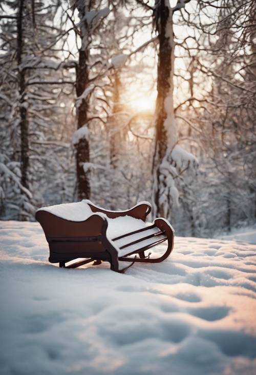 A child's sleigh left on a snow-covered hill after a day of fun.