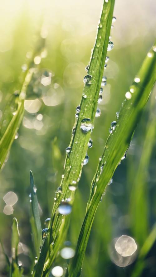 Glistening drops of dew on a blade of grass on a crisp June morning.