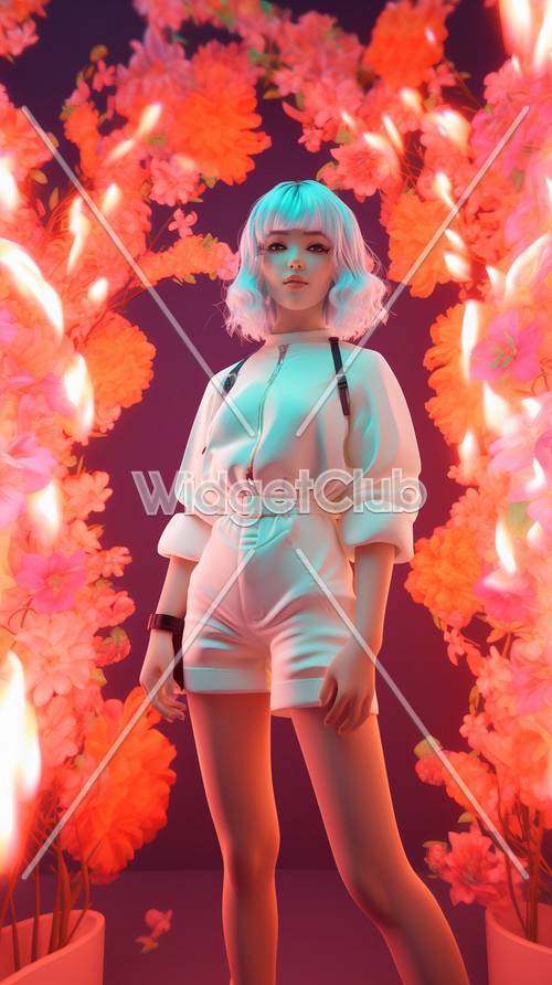 Vibrant Neon Lights and Cherry Blossoms with Stylish Girl