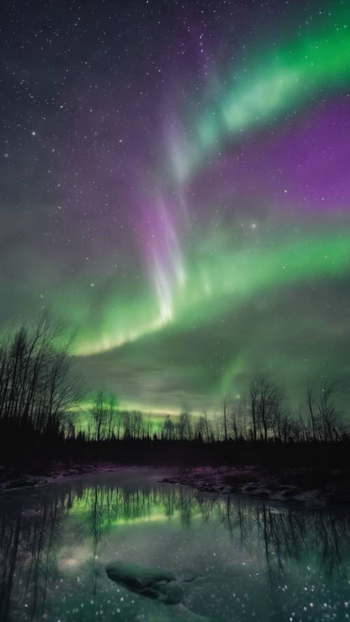 La aurora boreal ilumina un cielo despejado y oscuro con etéreas rayas de color púrpura y verde.