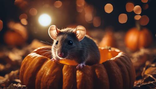 A fable-like image of a mouse peeking out of a tiny hole in a bright, oversized pumpkin against a moonlit night backdrop. Tapeta [05c5887517e445f69146]