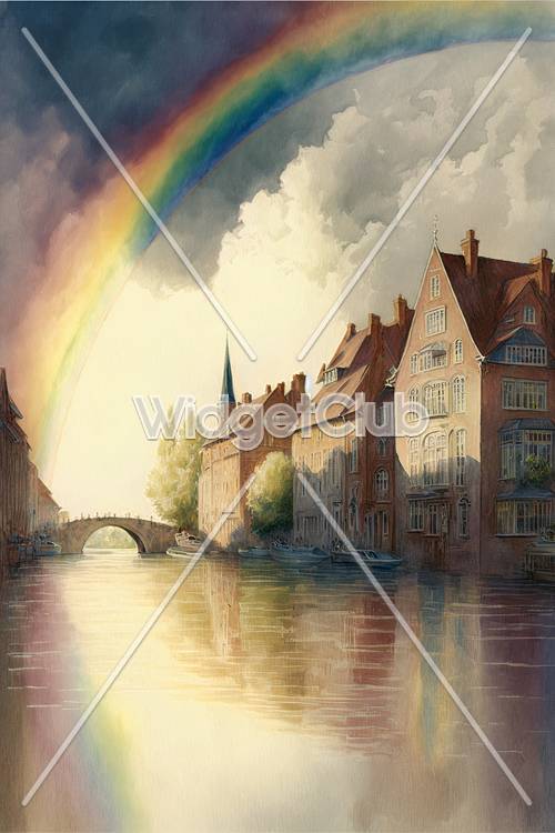 町の川にかかる虹の壁紙