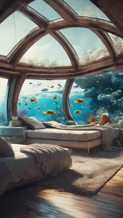 An innovative residential home in a distant future where humans have learned to live underwater, showing the panorama of the surrounding marine life.
