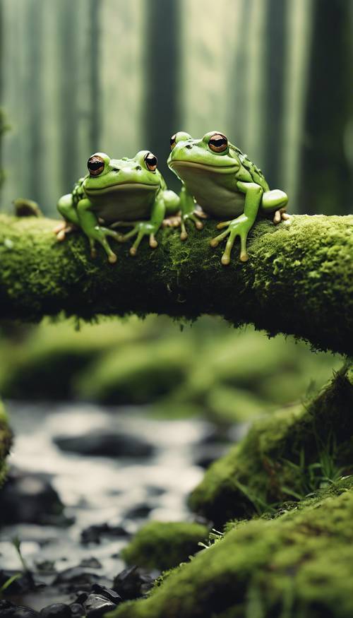 Deux grenouilles vertes coassent ensemble sur une bûche moussue au milieu de la forêt.
