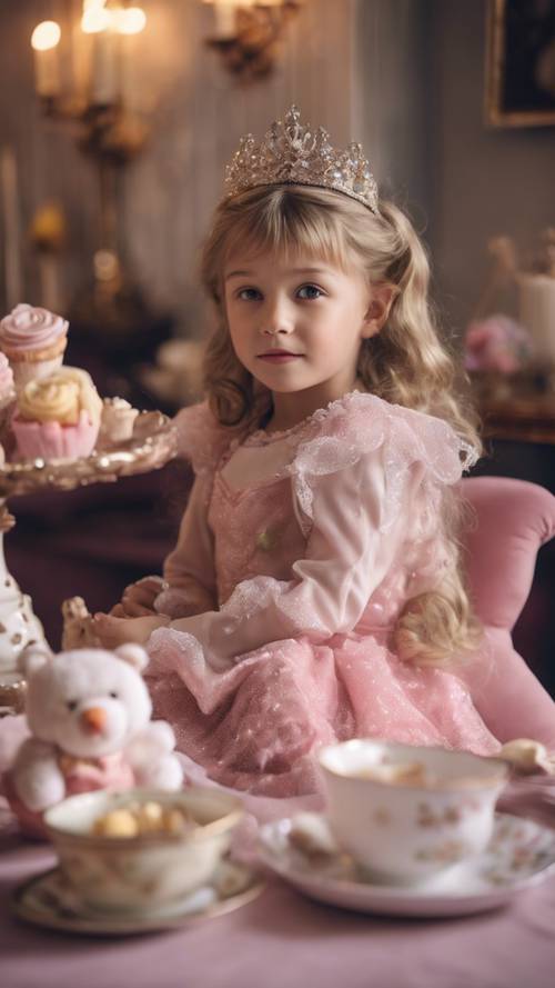 A little girl wearing a princess costume seated at a fancy tea party with stuffed animals.