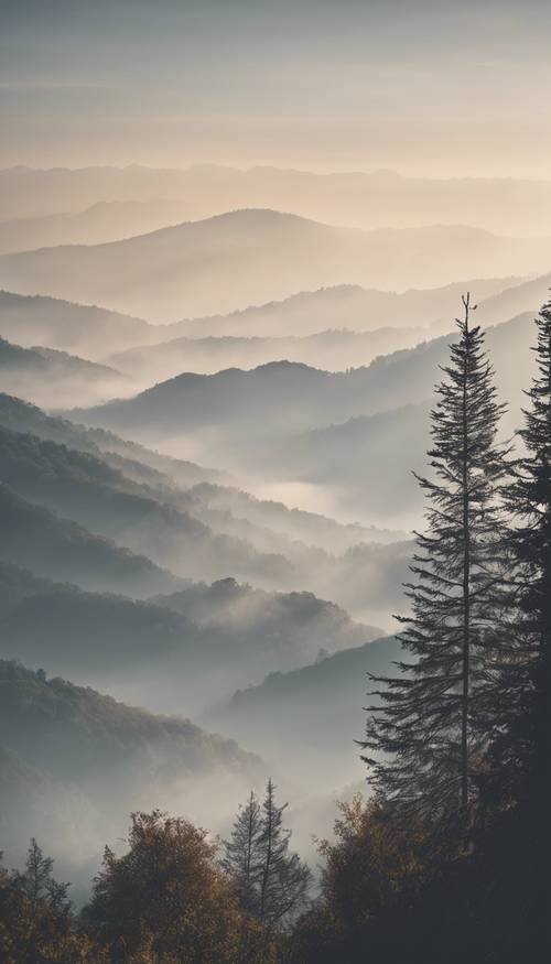 A picturesque landscape of mountains gracefully blanketed with thick morning fog. Tapet [5af0fe596f774330b7ba]