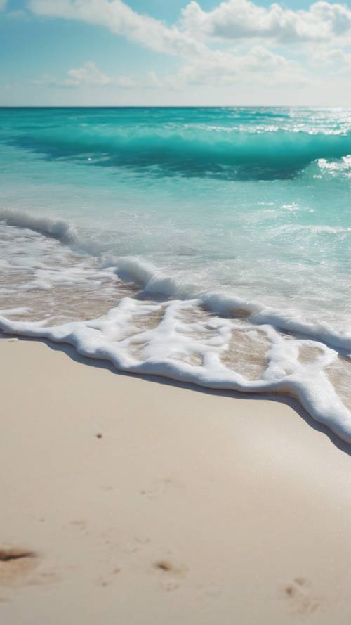 A picturesque view of a turquoise sea lapping against a white sandy beach under a bright summer sky.