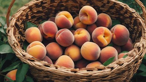 Ripe peaches spilling out of a woven basket in a fruitful orchard on a hot July day.